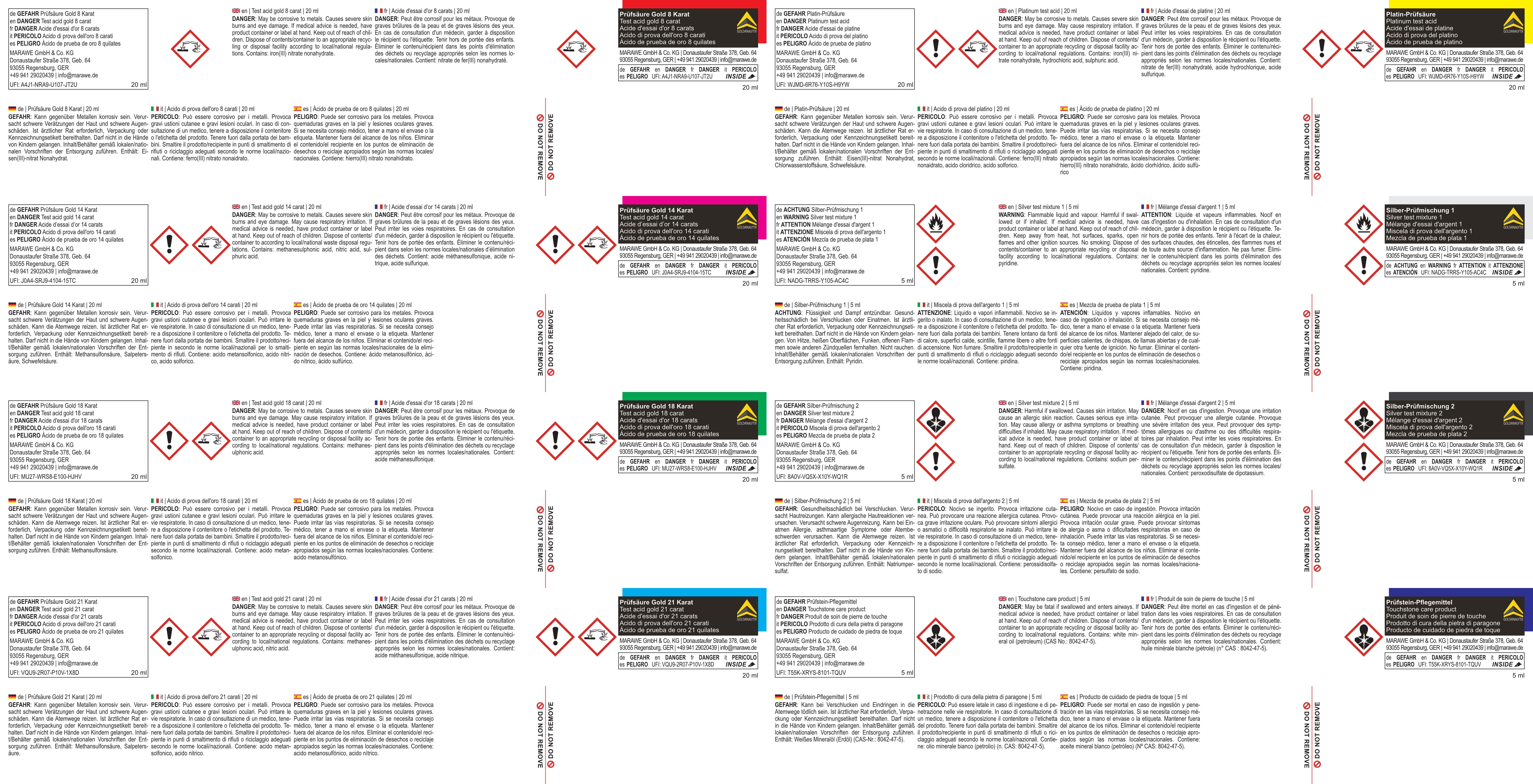 Consignes de sécurité pour le kit d’acides de test pour l’or, l’argent et le platine
